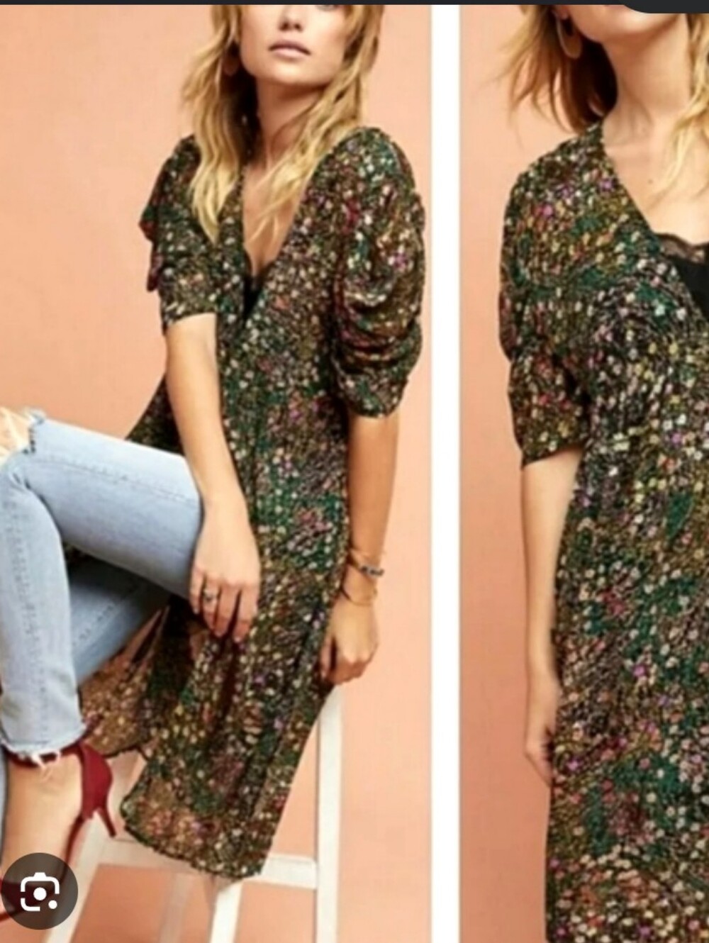 akemi + Kin Anthropologie Floral V-Neck Flutter Sleeve Midi Dress